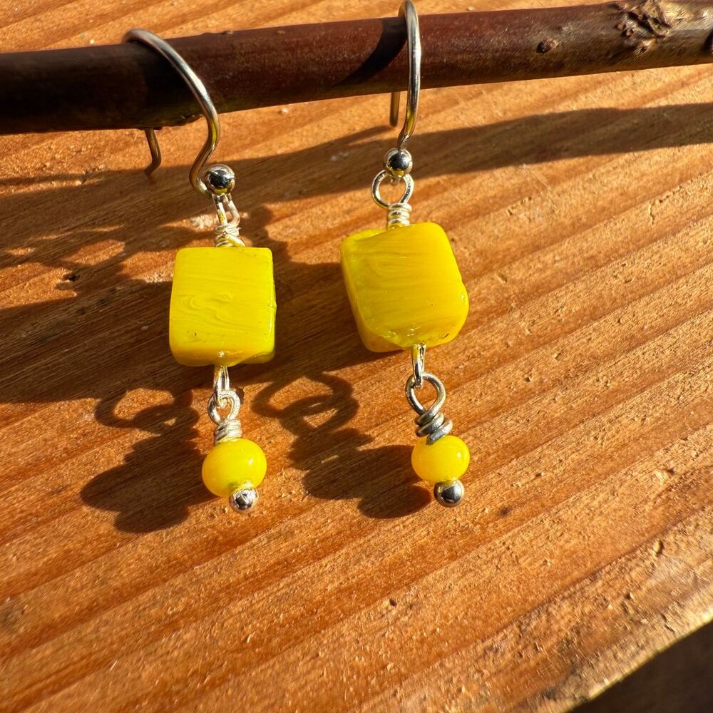 Yellow Square Glass Bead Dangle Drop Earrings with Stainless Steel Ear Wire